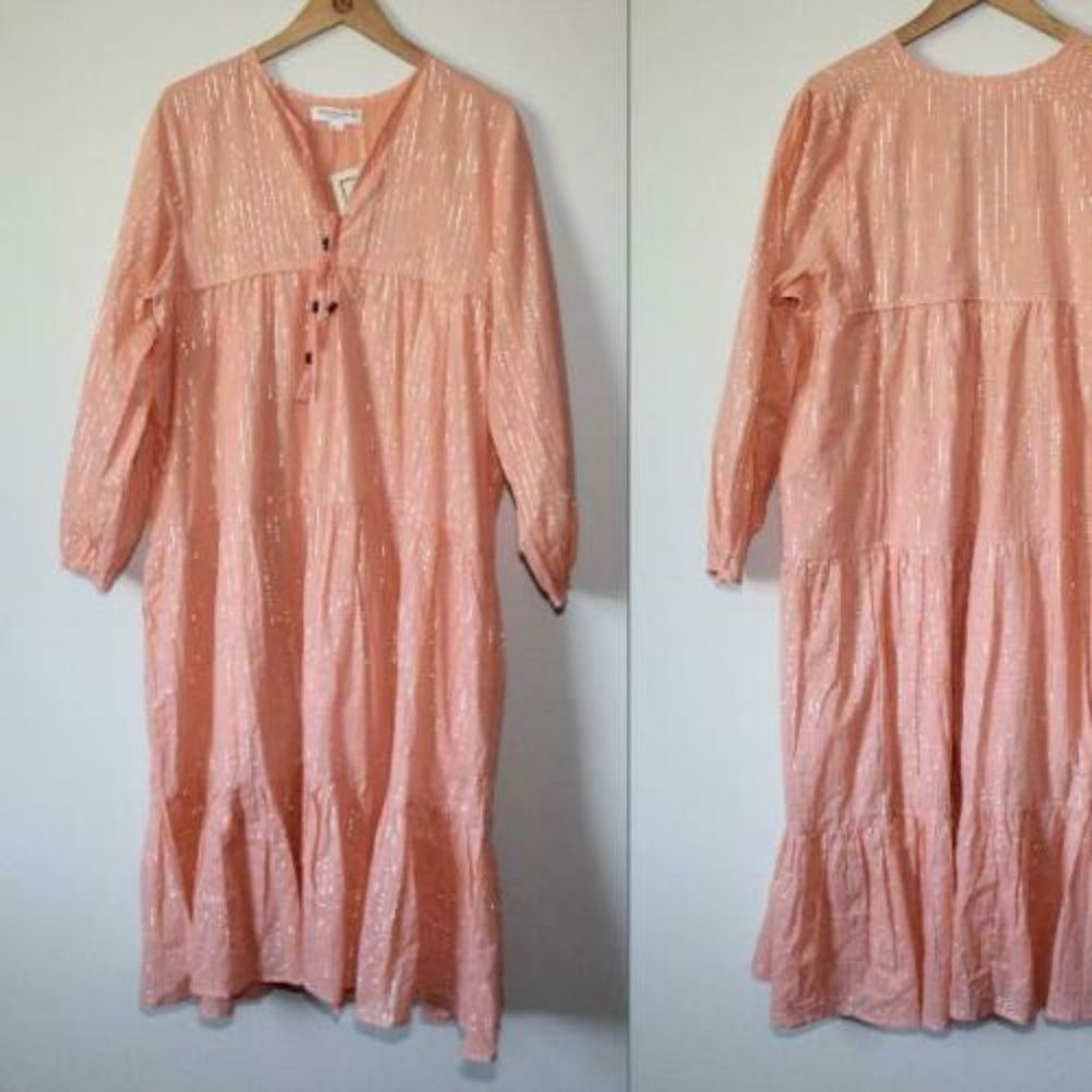 NWT India Collection Emerson Fry Heirloom Dress Peach Silver Lurex M/L H12910 - Picture 10 of 11